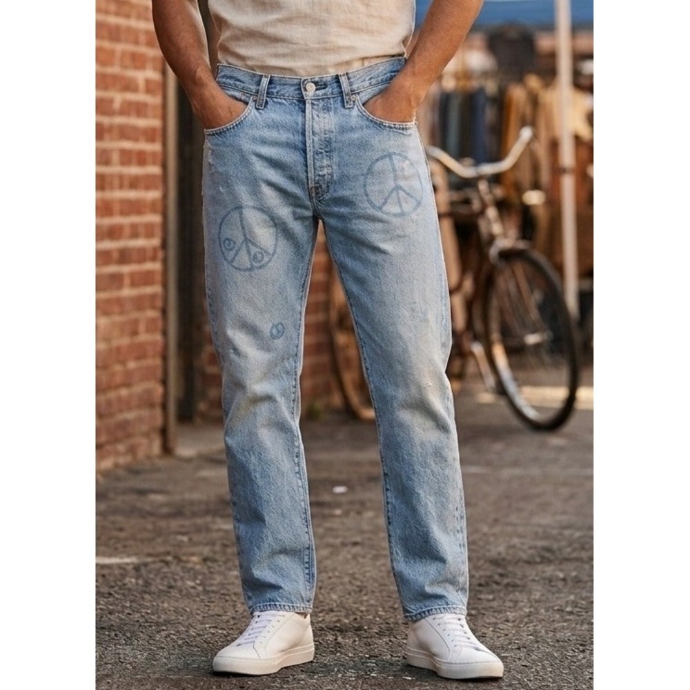 Levi's Jeans Men's 36x32 501 150th Anniversary‎ Button Fly Peace Sign Light Wash